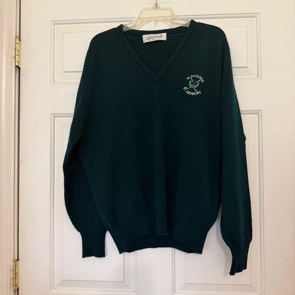 Old Course St. Andrews Green 100% Lambswool V-Neck Pullover Sweater Golf L XL